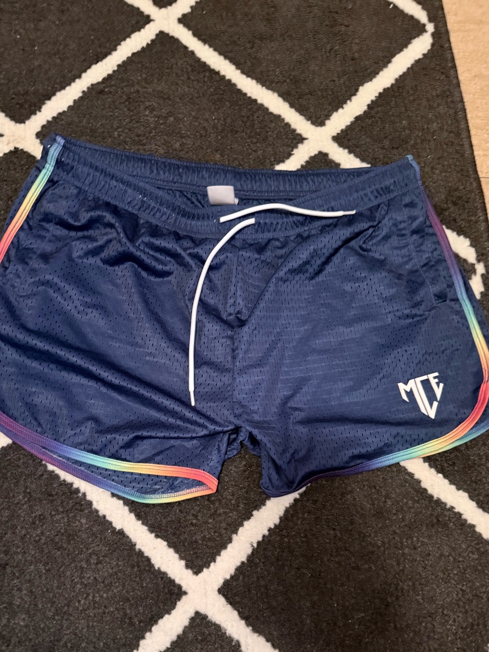 MCE Creations Navy Athletic Mesh Shorts with Rainbow Trim